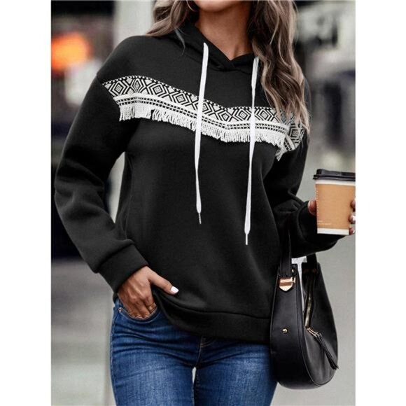 Fringe Detail Long Sleeve Drawstring Hoodie - Picture 7 of 16